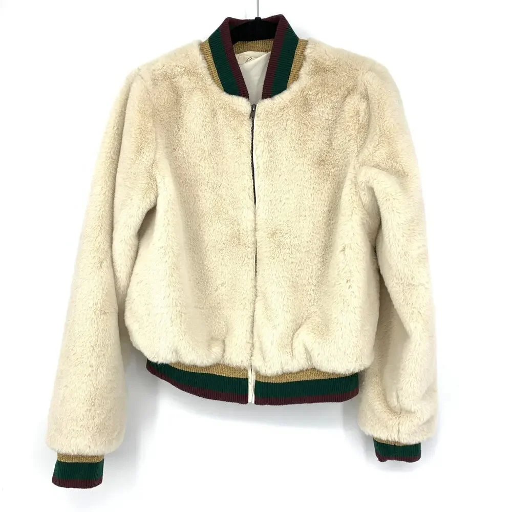 Elan Bomber Jacket Women's Size Small Faux Fur Cream Striped Collar Cuff